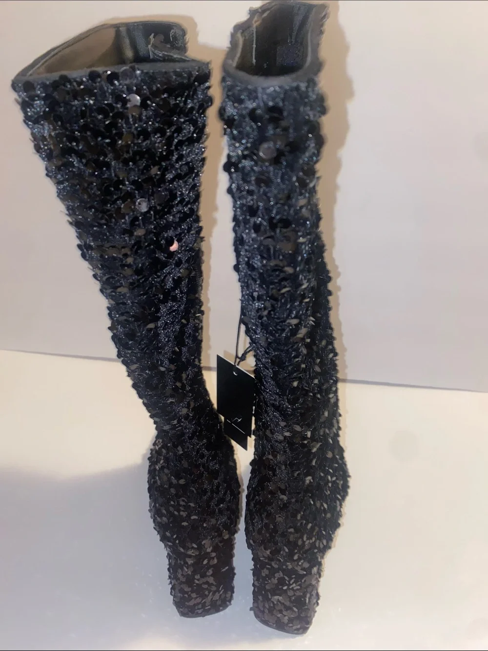 Sequin Over-the-Knee Black Boots with Side Zip